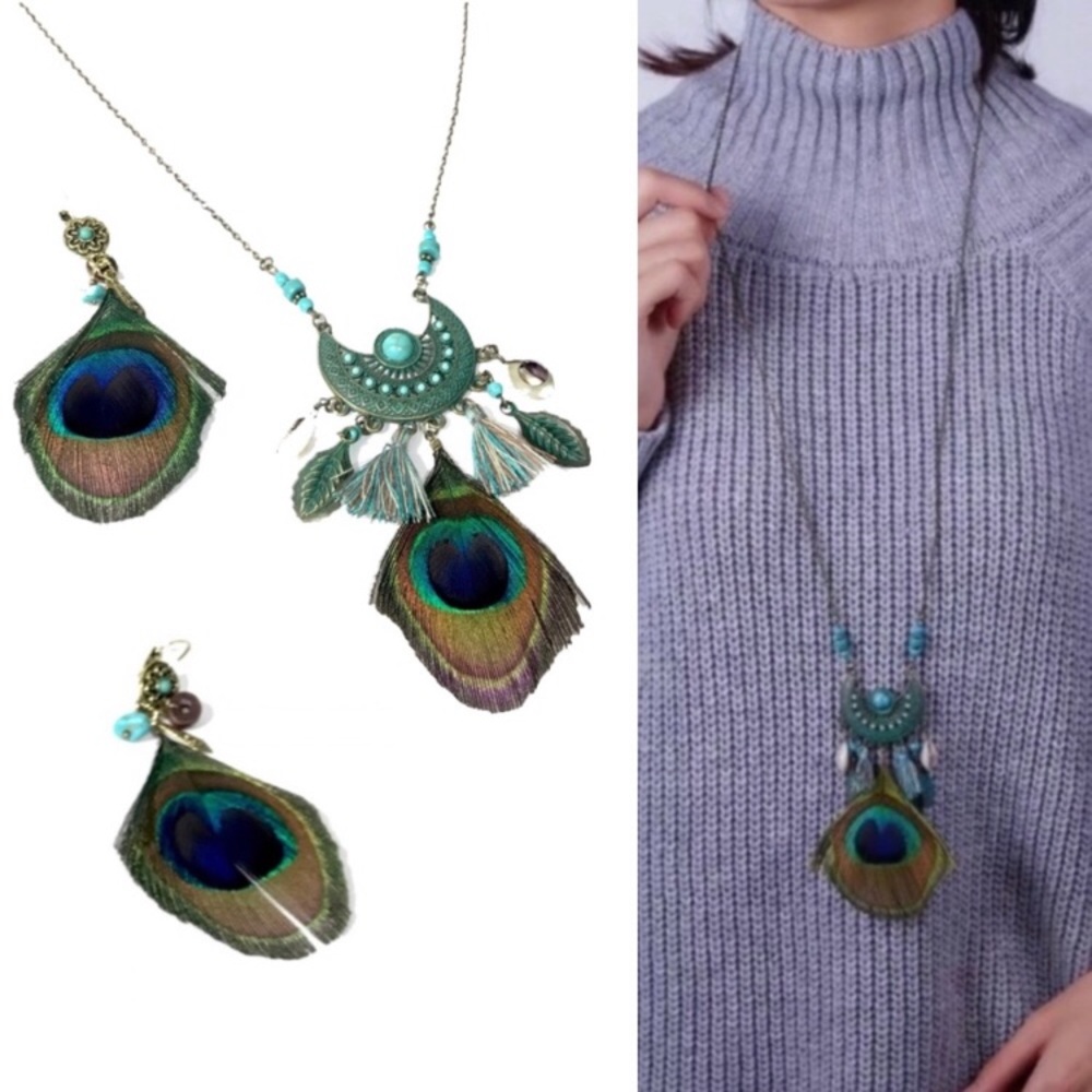 3/$20 💜 Set of Peacock Feather Long Necklace Earrings